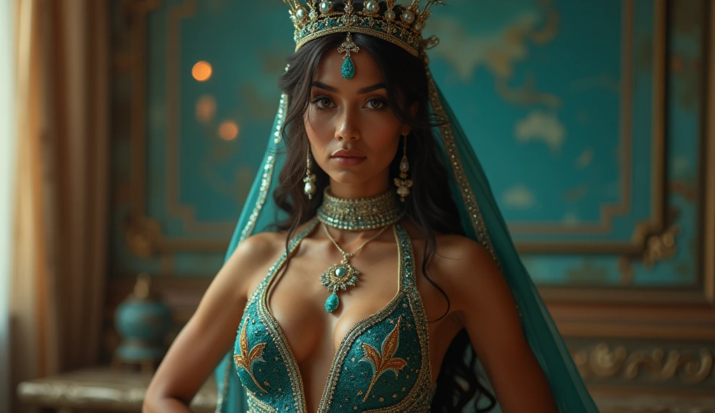((Film grain, Bokeh, light Particle ,Dust, Extreme camera angles)), Woman posing in transparent costume and crown, a beautiful fantasy empress, Fantasy Woman, arabian princess, ((a beautiful fantasy empress)), karol bak uhd, alluring mesmer woman, digital fantasy art ), beautiful fantasy art, beautiful goddess, Arabian Beauty, 4K fantasy art, beautiful sorceress, persian princess, beautiful oriental woman, the kiss, florals, dance