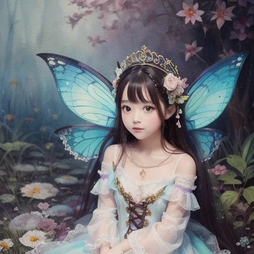  Beautiful Girl in a Fairy Costume,  Painted、Highly textured dark painting.  content:  watercolor.  style:  Quirky and Delicate , Like an illustration in a ren&#39;s book.