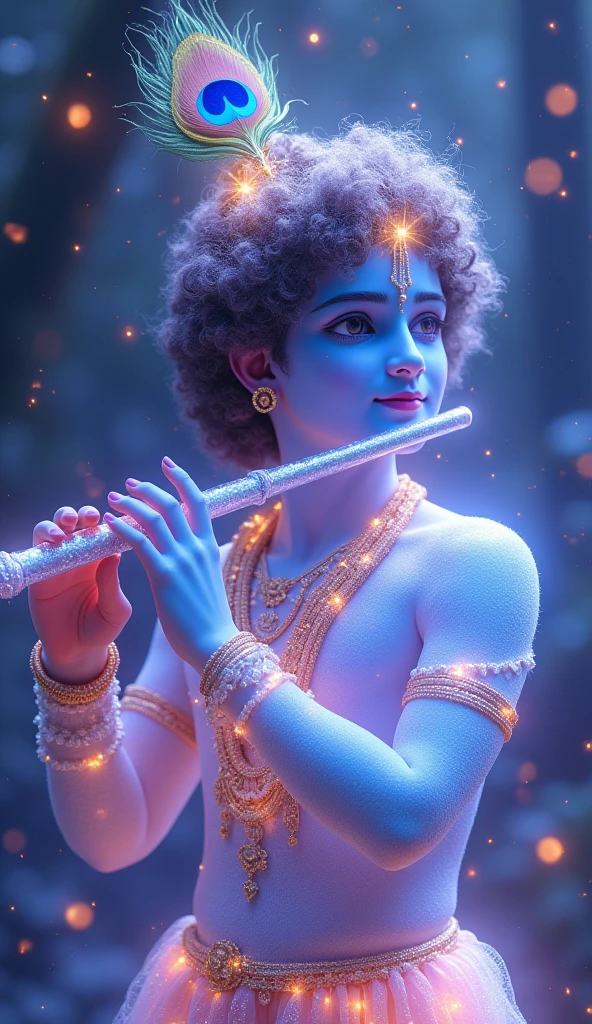 Lord Krishna at breaking dahi handi placed at top inside the house at night with neon lights