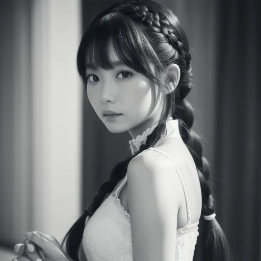  Ling Min Mei ,  1 girl, Alone,  monochrome ,  braided ,  Look at the Viewer ,  dress,  long hair, traditional medium , signature, bangs, compensate,   Holding Hands  ,  black hair,  upper body,  lipstick,  drill hair,   artist name, twin  braided s,  Bridal Gauntlets , Sleeveless