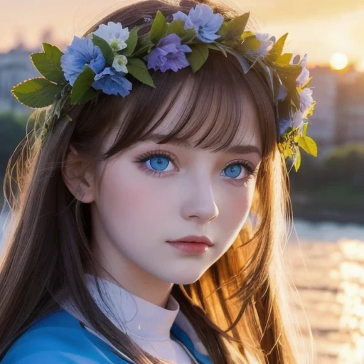 20-year-old woman in Ukrainian costume、Blue eyes with a flower crown on his head、River and blue sky in the background、Afternoon light and sunset realistic illustration