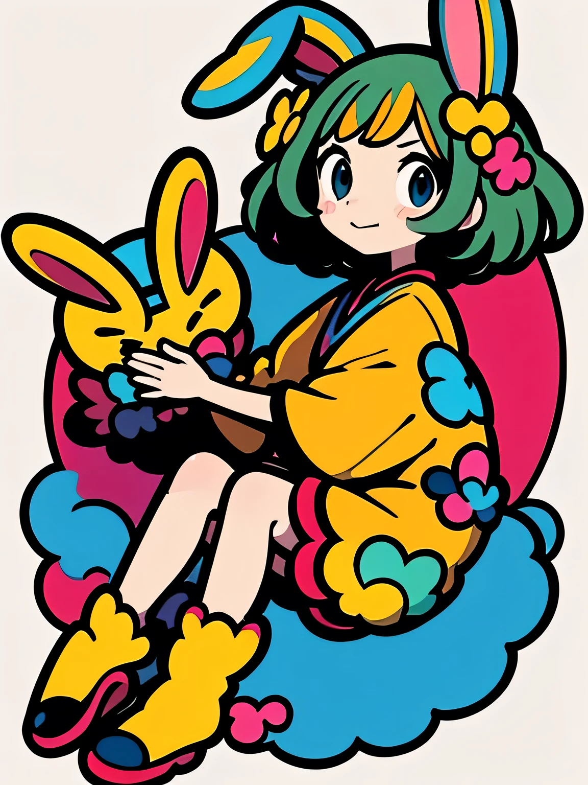 sideview+,(looking at viewer:1.3),solo,fullbody,bunny girl --sref 3534712739 --ar 2:3 --niji 6,white simple background,murakami takashi:1.3,kaleidoscope,outline,(illustration),