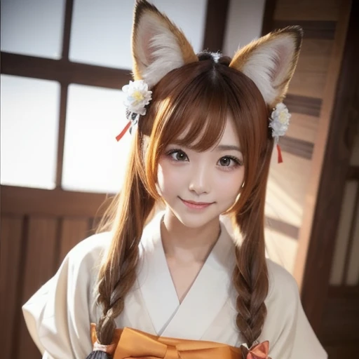 Masterpiece,  best quality ,  very detailed on trends,  1 girl, Alone, (:3:0.9),  animal ears の毛羽,  animal ears ,  Orange Hair,  fluffy hair , ,  brown eyes, flower,  fox ears,  fox girl,  gradation,  gradation background,  hair flower,  hair ornament, Japanese clothing,  kimono,  Look at the Viewer , Shrine maiden, smile, Alone, white  kimono,   beautiful lighting arranged in an orderly manner 