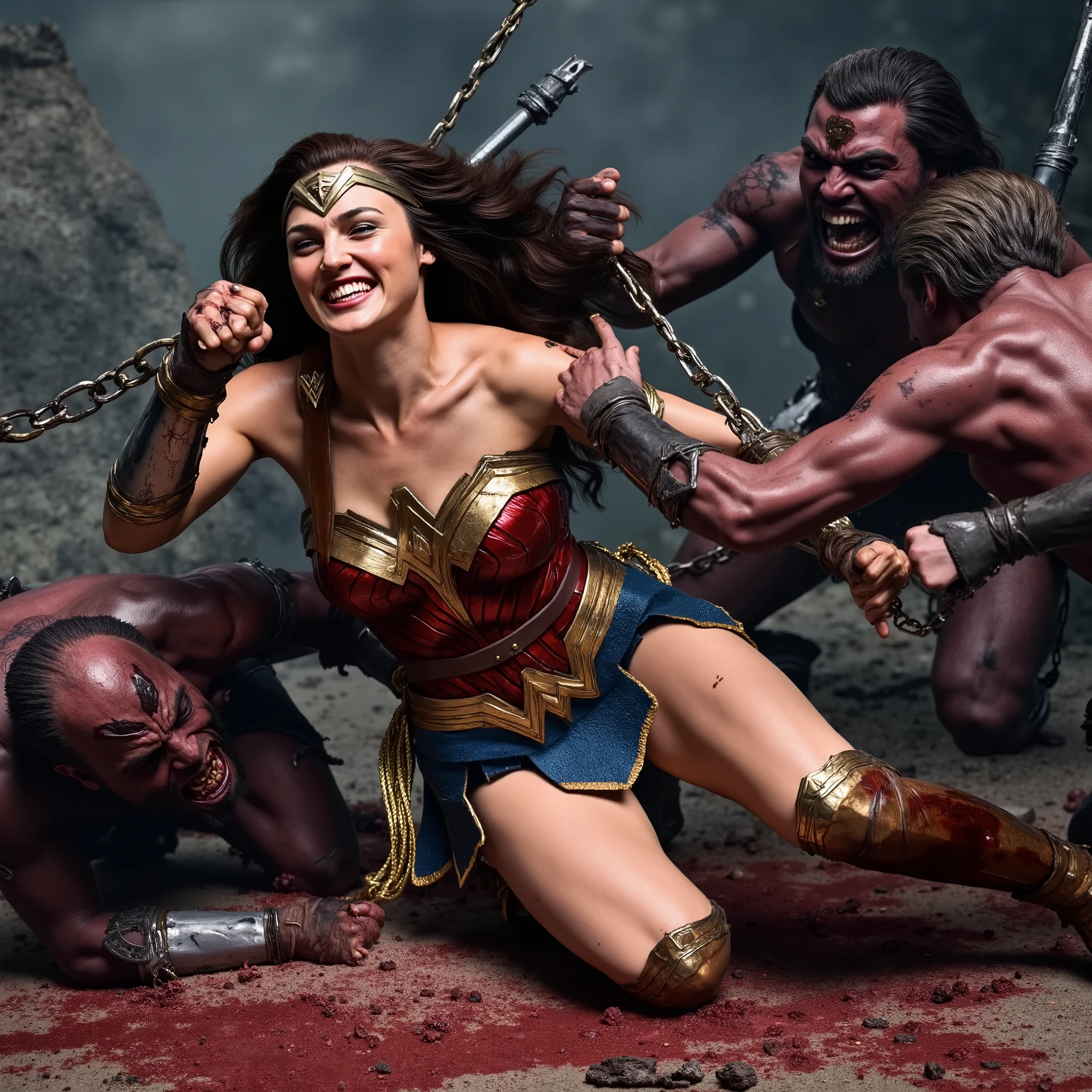 Gal Gadot is Wonder woman, Wonder woman is attacked by a monster and kneeling on the dirt, dirty body, bright skin, brown hair, her arms are bondage by chain behind her back, bound arms behind the back, bound with chain, the devils sexual harassment wonder woman, defeated, painful, Excruciating pain face, photorealistic, hyper realistic, she is crying in pain, the devil stand and grab her neck, the devils attack Wonder woman and push her body down to the ground, another devil fasten her neck with chain, 1 devil is grabbing her neck with chain,