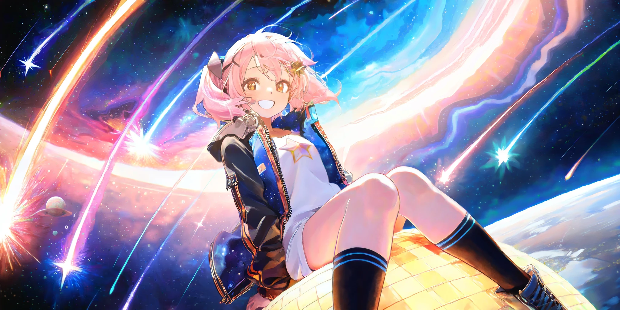 (1girl sitting on (star mark):1.4) with big smile. BREAK .at beautiful nebula, (so many shooting stars),many beautiful planet,dynamic angle, focus on girls face, watercolor picture-book style,rough touch, space-scape,masterpiece,best quality