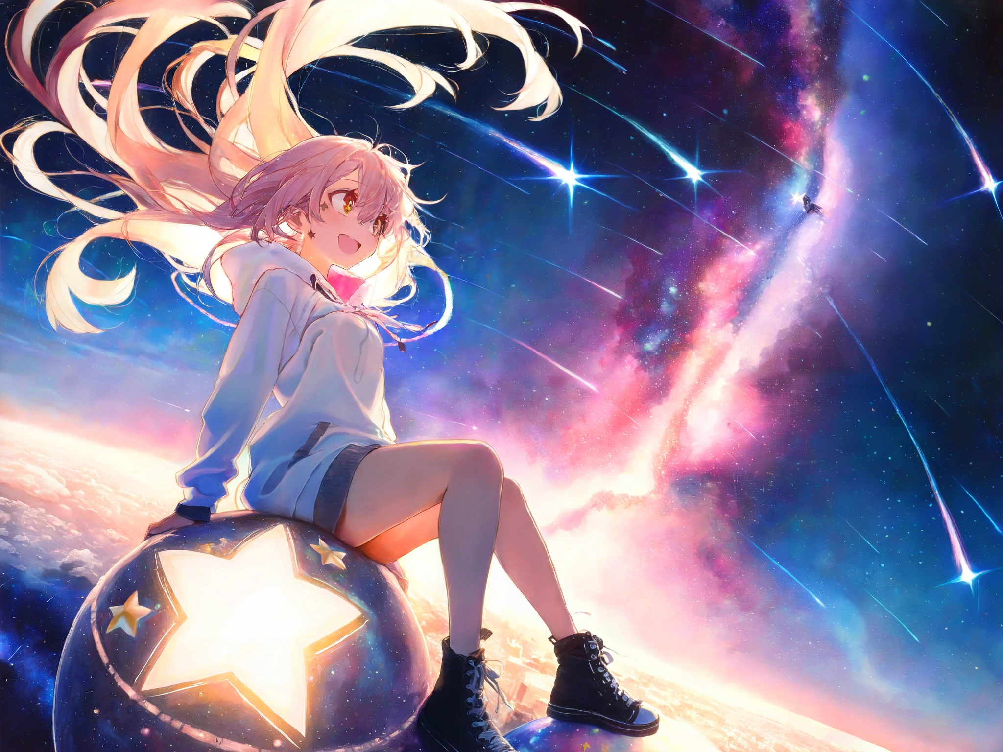 (1girl sitting on (star mark:1.4):1.4) with big smile. BREAK .at beautiful nebula, (so many shooting stars),many beautiful planet,dynamic angle, focus on girls face, watercolor style,rough touch, space-scape,masterpiece,best quality