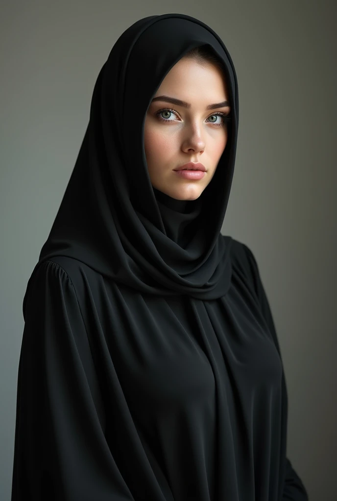 There is a Muslim woman with white skin and blue eyes wearing a hijab. Woman's big breasts exposed. Woman with two naked men