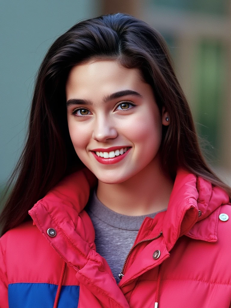 (masterpiece, best quality:1.3), 1girl, Alone, 
she wear in puffy colorful down hoodie.,
young Jennifer Connelly at ******, 
with cute face yet with precocious female body,
no make up,
her succulent healthy skin bauty emphasized.,
plump cheeks, 
scooped nose arched high with a turned-up tip,
plump blreasts, broad shoulders, 
shiny long dark hair fluttering,
she is making a victory pose.,
she smiling triumphantly.,
under bright natural light illuminating on her face,