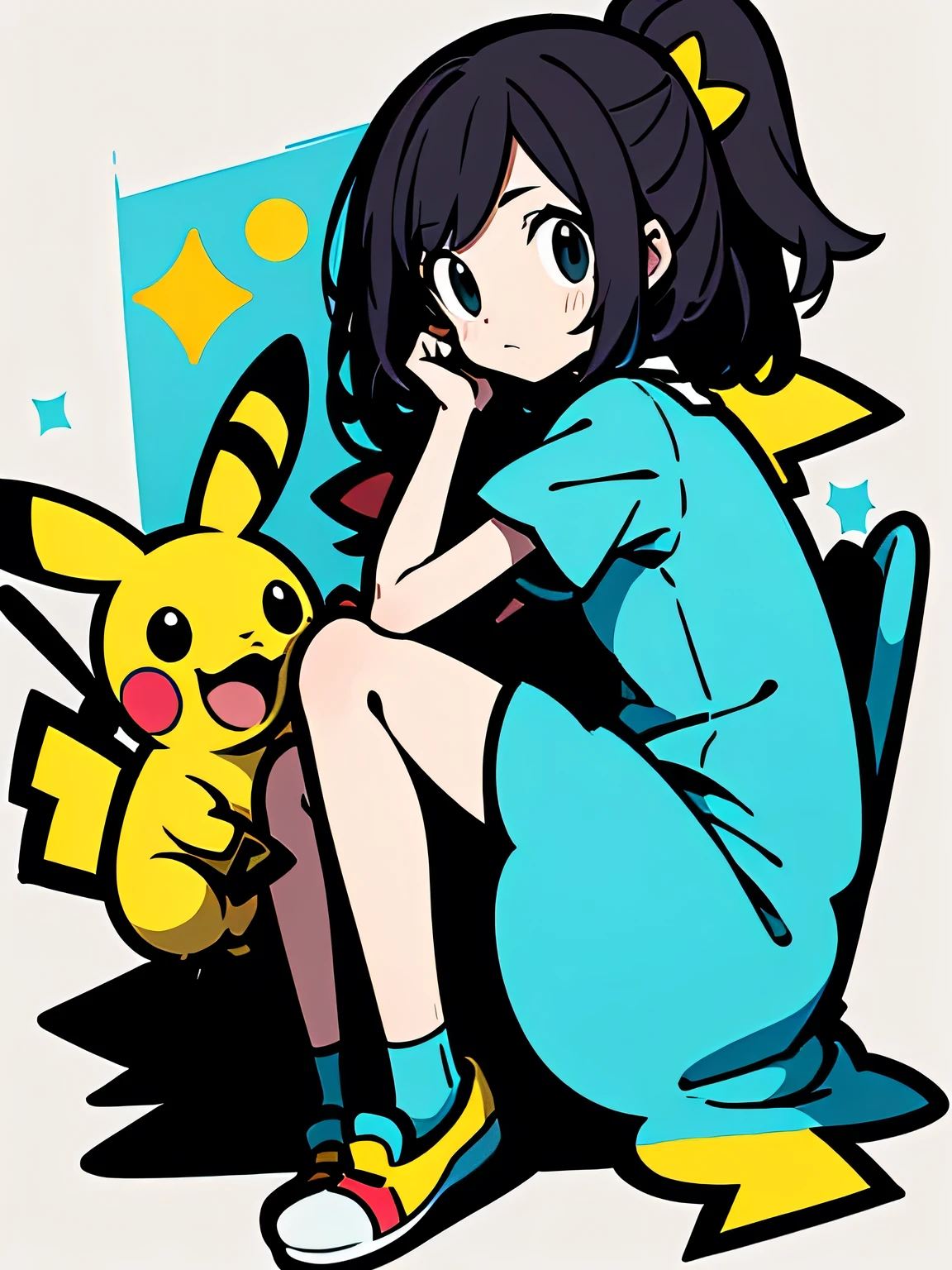 sideview+,sitting on knee,(looking at viewer:1.3),solo,fullbody,bunny girl --sref 3534712739 --ar 2:3 --niji 6,with pikachu(pokemon),white simple background,murakami takashi:1.3,kaleidoscope,outline,(illustration),