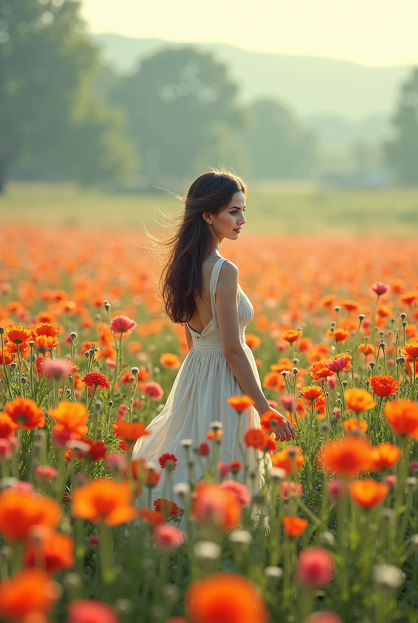 Arafed woman in a field of flowers with a long hair - SeaArt AI