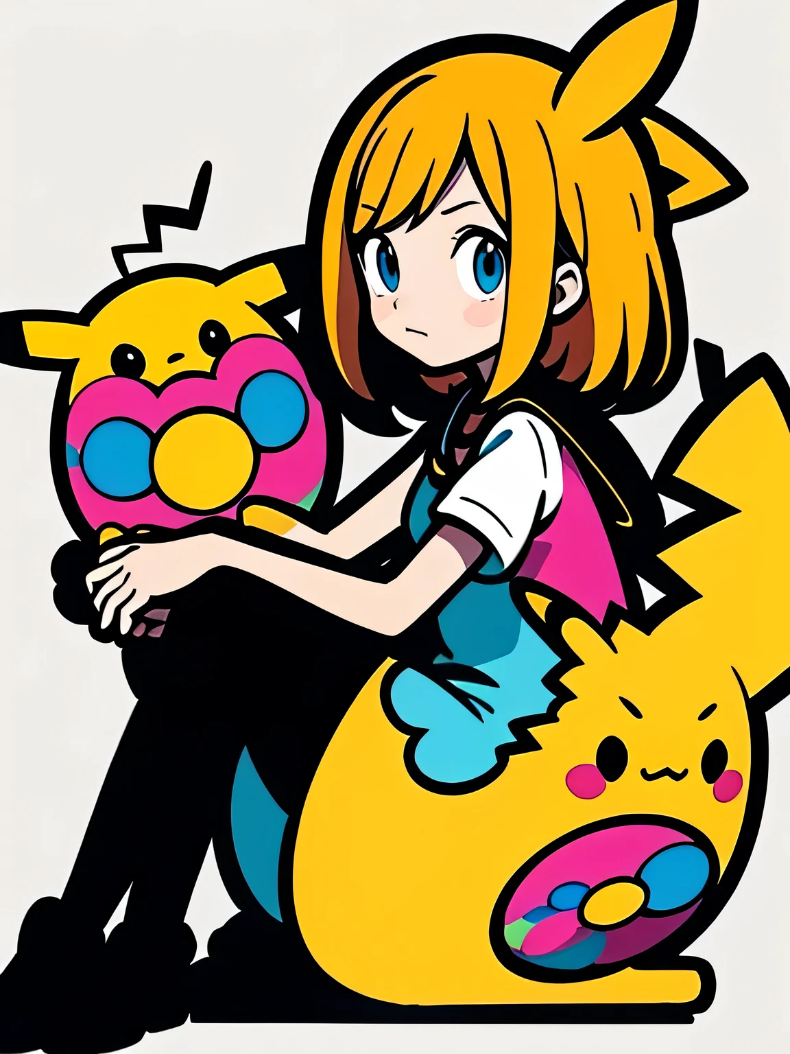 sideview+,sitting on knee,(looking at viewer:1.3),solo,fullbody,bunny girl --sref 3534712739 --ar 2:3 --niji 6,with pikachu(pokemon),white simple background,murakami takashi:1.3,kaleidoscope,outline,(illustration),