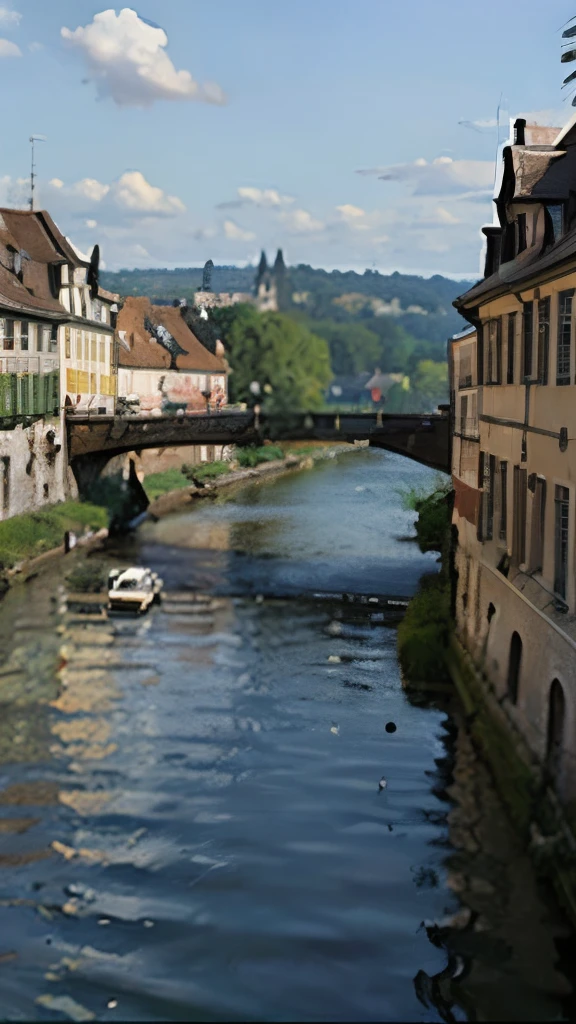 arafed view of a river running through a city with a bridge, nuremberg, germany. wide shot, building along a river, european river, germany, medieval cities, realistic photo of a town, seen from above, white buildings with red roofs, by Werner Gutzeit, view from above, arial shot, all buildings on bridge, by Robert Zünd
