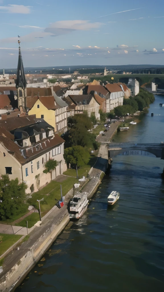 arafed view of a river running through a city with a bridge, nuremberg, germany. wide shot, building along a river, european river, germany, medieval cities, realistic photo of a town, seen from above, white buildings with red roofs, by Werner Gutzeit, view from above, arial shot, all buildings on bridge, by Robert Zünd