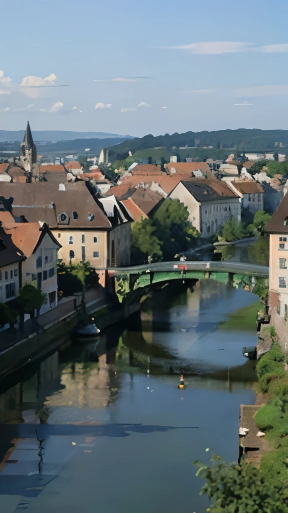 arafed view of a river running through a city with a bridge, nuremberg, germany. wide shot, building along a river, european river, germany, medieval cities, realistic photo of a town, seen from above, white buildings with red roofs, by Werner Gutzeit, view from above, arial shot, all buildings on bridge, by Robert Zünd