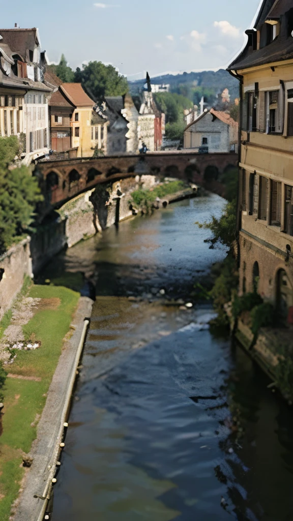 arafed view of a river running through a city with a bridge, nuremberg, germany. wide shot, building along a river, european river, germany, medieval cities, realistic photo of a town, seen from above, white buildings with red roofs, by Werner Gutzeit, view from above, arial shot, all buildings on bridge, by Robert Zünd