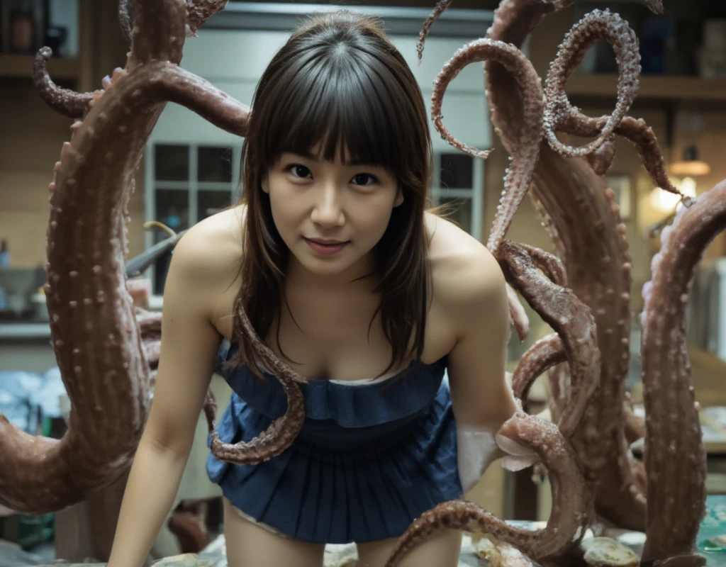 (( full body shot))8k、RAW Portrait ( Japanese women fighting octopuses)、masterpiece、 Photorealistic: 1.3、 real 、 ultra high definition、 best quality 、 Live Action 、((( in the kitchen)))、( cute face: 1.3)、 Japanese girl、(( Japanese High School Girls))、 (( topless))、( pleated skirt)、 long hair、、 slim figure、、indoor、 Big, Beautiful, Narrow Eyes 、 black hair、(Brush Depth : 1.3)、((Dark brown eyes: 1.2))、( real な肌の質感: 1.3)、( looking at the viewer )、(( shy)、(( red cheeks : 1.3))、(smile: 1.2)、(( Very Small White Panties))、((Skirt only)、(( Woman with a Rolled Up Skirt ))、(( full body shot))、 Most Beautiful Woman in the World 、 Most Beautiful Woman in the World 、( Legs Spread to the Side : 1.4)、 small breasts、 slim figure