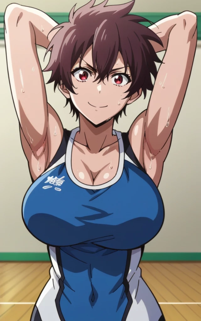 score_9, score_8_up, score_7_up, source_anime, anime screencap, 1girl, solo, nagisa aragaki, short hair, brown hair, red eye, blue shirt, sleeveless, sport uniform, cleavage, muscle, navel, arms behind head, bare shoulders, bare arms, armpits, looking at viewer, head towards viewer, smile, closed mouth, badhandv4, large breasts, tomboy, indoors, gym background, sweaty armpits