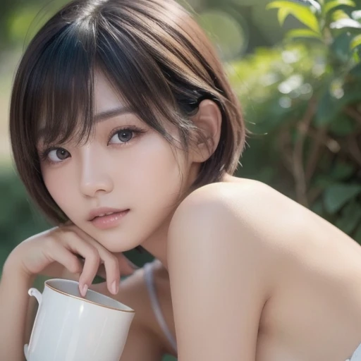 Japanese woman with short hair, outdoor whitening, unruly hair,  so cute,  soft and face ,  tea hair,  8k resolution,  super real,  Ultra Fine, Soft Body Toned Up Butt Night , Small cup (( Highest Resolution , 8k, Masterpiece: 1.3)),  Ultra Fine Face,  Ultra Fine Lips,  beautiful eyes,  double eyelids