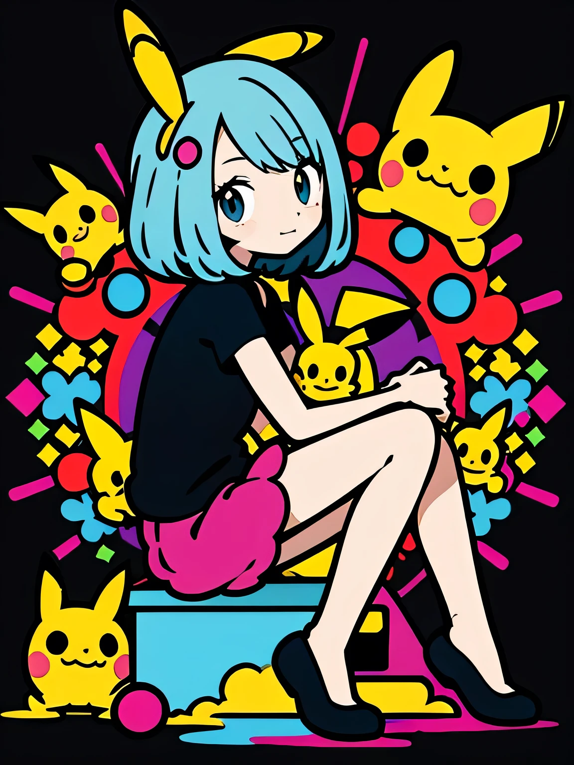 sideview+,sitting on knee,(looking at viewer:1.3),solo,fullbody,bunny girl --sref 3534712739 --ar 2:3 --niji 6,with pikachu(pokemon),white simple background,murakami takashi:1.3,kaleidoscope,outline,(illustration),