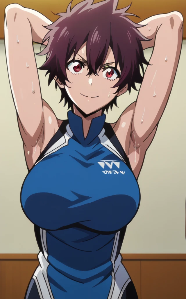 score_9, score_8_up, score_7_up, source_anime, anime screencap, 1girl, solo, nagisa aragaki, short hair, brown hair, red eye, blue shirt, sleeveless, sport uniform, arms behind head, bare shoulders, bare arms, armpits, looking at viewer, head towards viewer, smile, closed mouth, badhandv4, large breasts, indoors, gym background, sweaty armpit