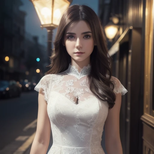 Masterpiece, (front focus),  Surrealist woman portrait,  fantasy art,  realism,   dynamic lighting ,  art station , Poster,  Volumetric Lighting ,  highly detailed face, Black hairy eyes,  Eyeliner,4K,  Award winning ,  1 girl,  discreet , full body shot, (Formal attire: 1.4,White lace dress), Street lamp,  dark brown hair ,