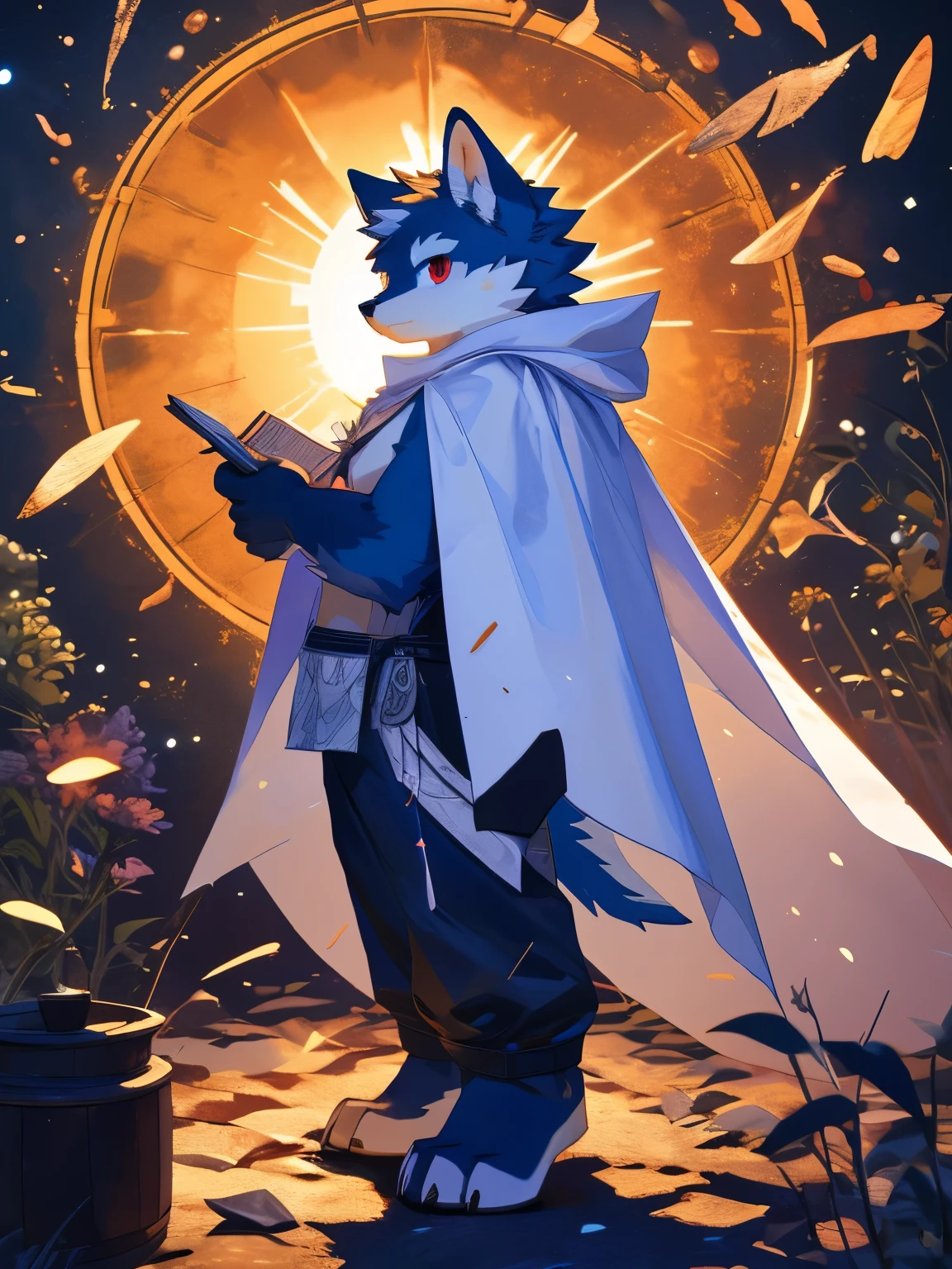 nj5furry，kemono ，full-length portrait，anthro，hi res， boy，male，sky blue lines，White cape，Gold texture，Gray Wolf，White plush claws， red eyes， delicate eyes ， detailed eyes ，Extremely detailed，8K high definition characters，(particle,  scattered letters ,  sunshine): 1.3