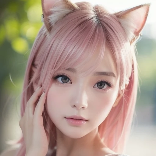 gentle and adorable Chinese beauty ,  Delicate Sexy Clavicle ,   charming goose egg face ,  double eyelids,  smart peach flower eyes,  pink lips,  Small upturned nose , Bare shoulders,  focused face ,  face close-up while changing clothes, ,  more details,  full body photo, Ultra-thin and transparent,  pink hair、Optimal ratio、 4 fingers and 1 thumb , Cat ears