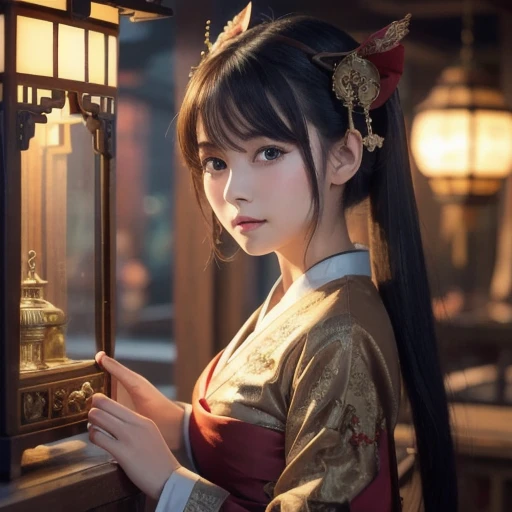 ( best quality ),  girl , oriental detailed background, Oriental cityscape,  steampunk, Shrine maiden