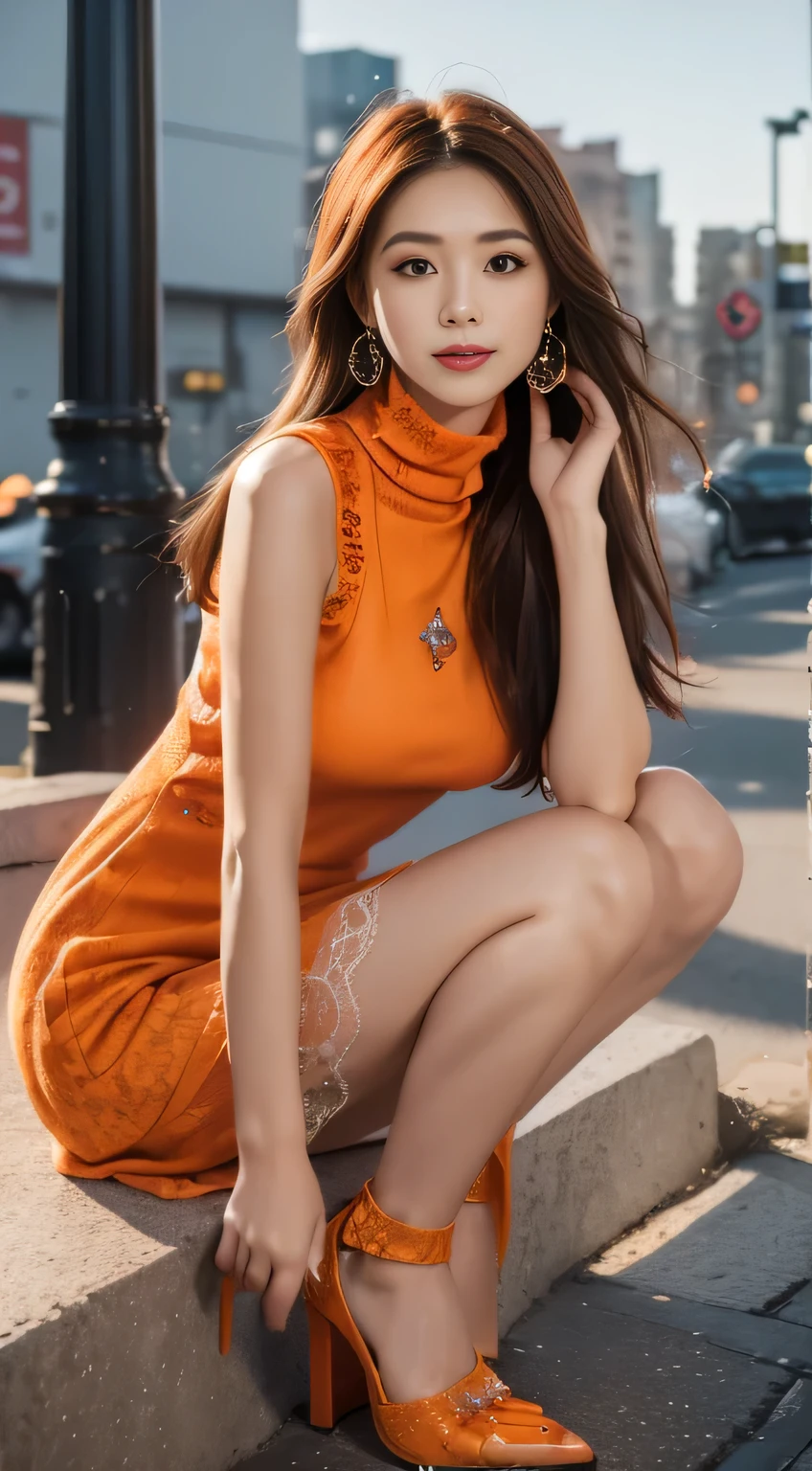 masterpiece, best quality, 1girl, solo, perfect face, very beautiful dress, orange dress, shining:1.5, outside in the park with lake, attractive poses, sitting,