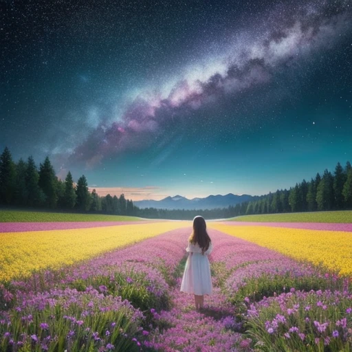 There is a girl Standing in a flower field looking up at the sky, a girl Standing in a flower field, ,  lost in a dreamy wonderland, Standing in a flower field, fantastic digital painting, The sky gradually cleared, The starry sky is gradually々Moving away from  