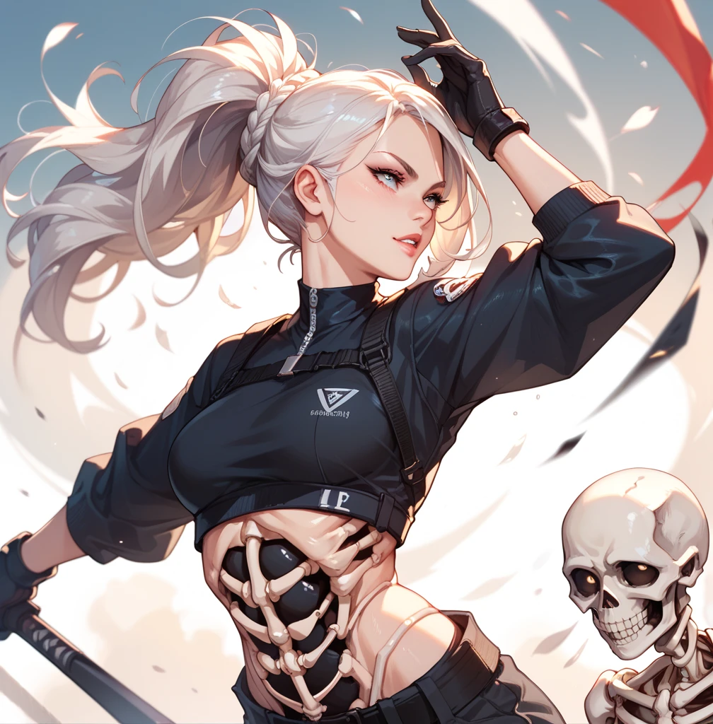 Skeleton of a woman, In sexy combat pose , has an axes in his hand, long white hair hairstyle , dark atmosphere , (her body are bones)