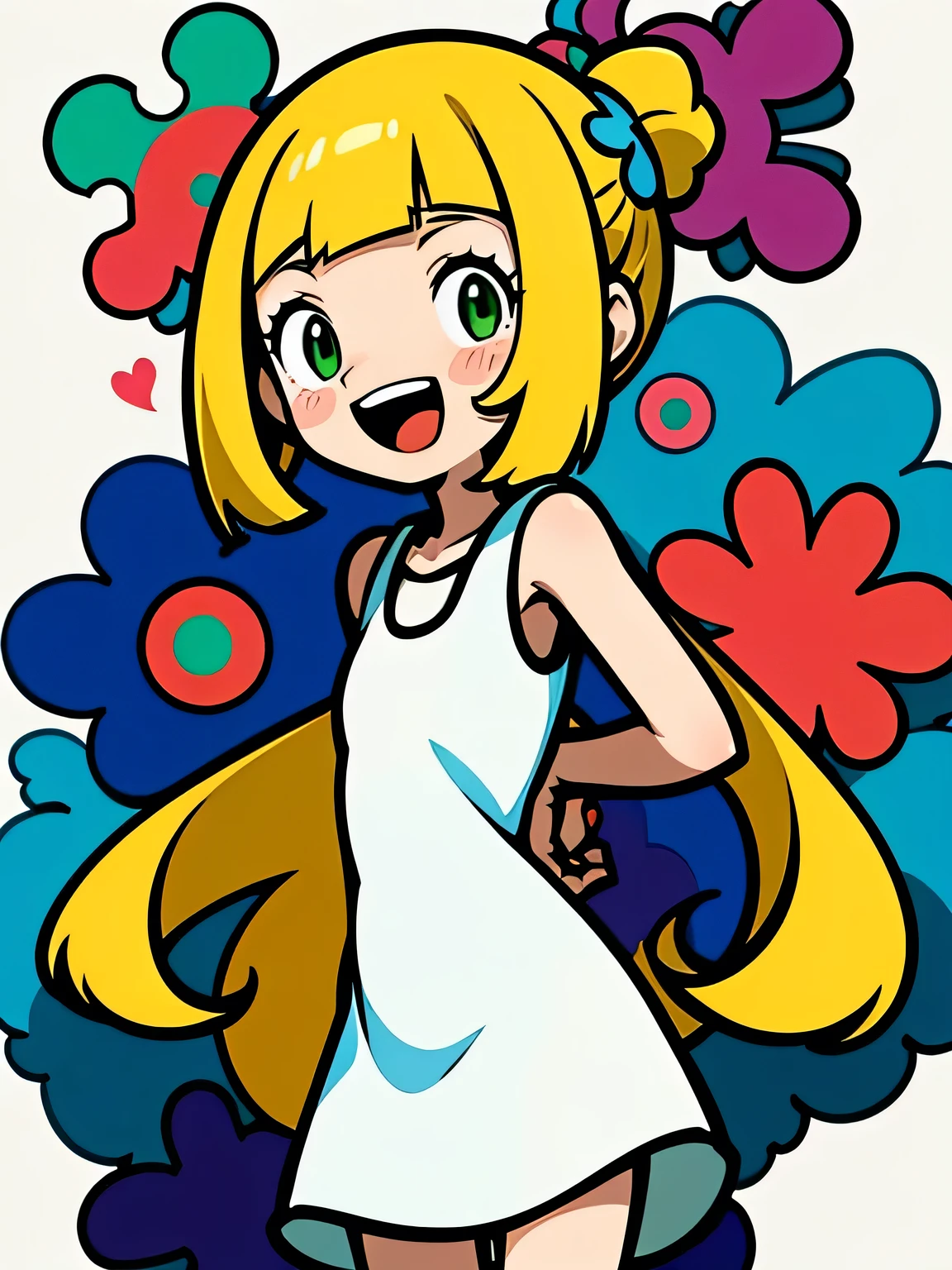 One girl,a blond,poneyTail,lillie,Green eyes,arms back,nimbly,Beautiful steppe,Good luck Lily,A pokémon,White Dress,Raising,verd s eyes,small ,Smile with open mouth,Beautiful steppe,blushed face,closing eye,huge smile,white simple background,murakami takashi:1.3,kaleidoscope,outline,(illustration),