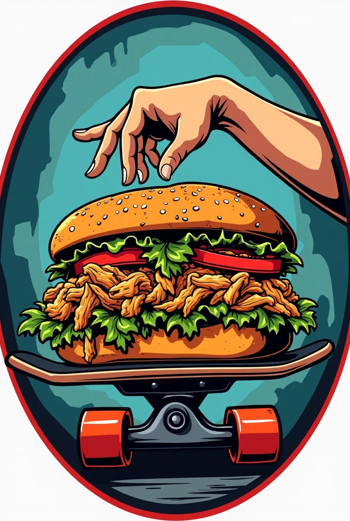  create a logo that sells sandwiches   ,   of the touch， and you can see shredded chicken and potato gravy ,   French bread without tomatoes   ,   There are underground and hip hop   ,     touch the sandwich and place it on the skateboard ， with the graffiti letters of the sandwich written on it . Round  
