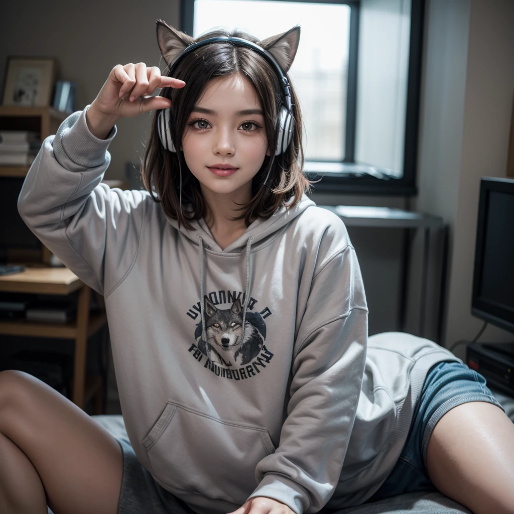 a beauty girl、Big hoodie、a miniskirt、21years old、smil、small tits、Sit on the fur carpet、Sportsbra