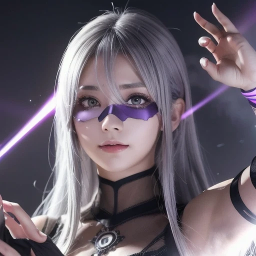  1 girl, Gray Hair,   MULTI-COLOR HAIR,  purple eyes,  mask wearing ,  side lighting, Particles of light,  wallpaper, Arm Up,  I'm sweating