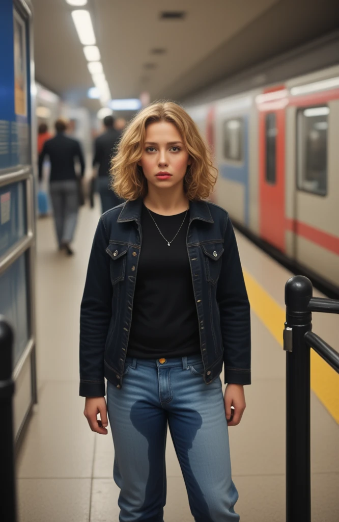 Photo 4K professionnelle d'une fille de14 ans qui attend dans une station de métro. Elle se tient près des voies. Elle porte une veste noire et un jean bleu délavé, mouillés autour de son aine et le long des jambes car elle s'est faite pipi dessus. Elle a une expression inquiète avec une moue. Ses cheveux blonds sont élégants et ondulés, et son rouge à lèvres discret accentue ses lèvres souples.