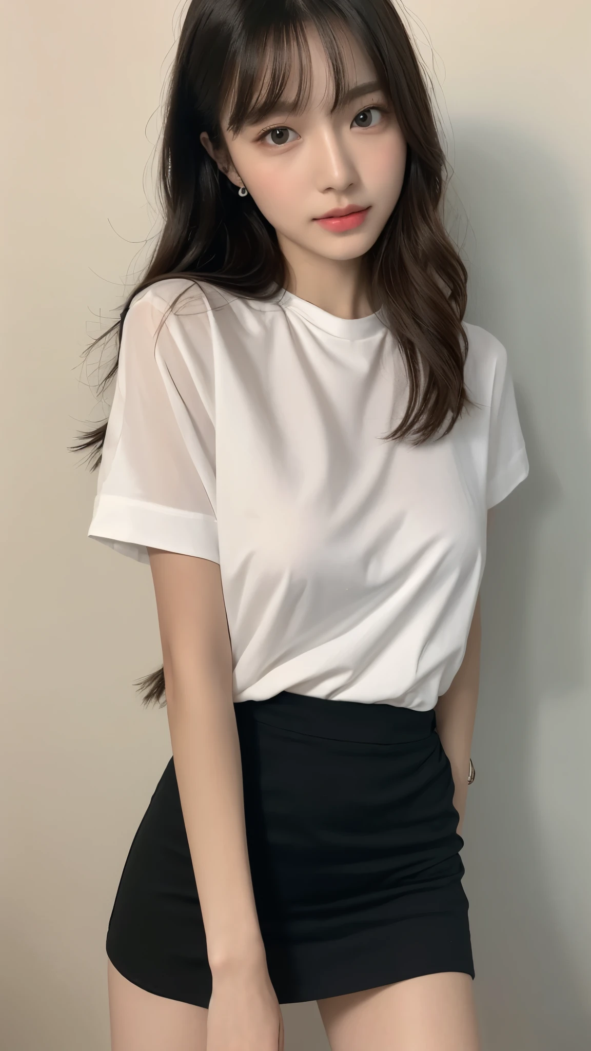 (( best quality , 8k, masterpiece :1.3)), (( Super Big Breasts )), (((whole body)))、 black hair,OL、Office Background、 dull bangs, hair behind the ear , hair hanging over shoulders, long hair, Ultra Fine Face, Thin face, Delicate lips, beautiful eyes, Light blush,Perfect glowing skin, perfect skin,Look here, white Y shirt、 black skirt、No accessories、 first-person view, Super Details ,