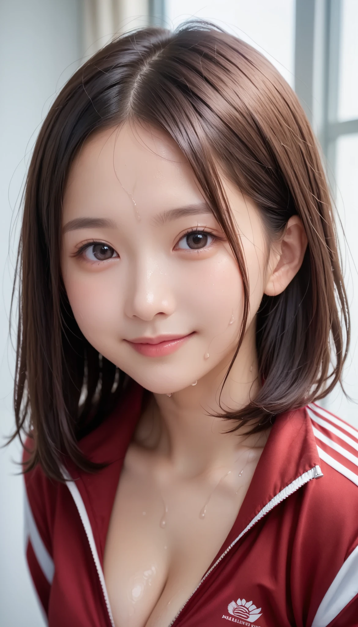 score_9,score_8_up,score_7_up,ultra detailed,absolutely resolution,detailed cute face and eyes,Japanese cute age girl,brown hair,medium hair,Forehead,(sweaty body+sweaty hair),Smile,track suit,cleavage,arms behind back,upper body,natural large breast,looking at viewer,school