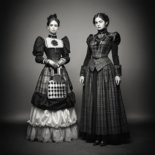  robots and costumed women side by side,  Victorian Sci-fi Inspired , Hugh Kretschmer, Checkered clothing,  wearing decorative armor , Daguerreotype, Photographed in 2009,  cinematic widescreen footage ,  Black and white color photo , Fashion photography art, CGSociety!, Mad Max style, Scottish folklore, Kenny McBride  