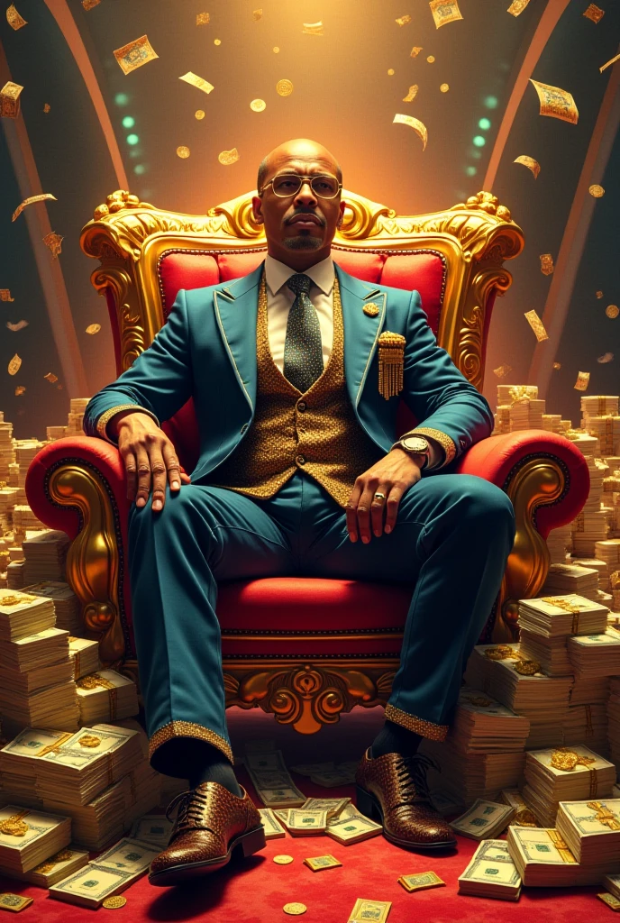 A rich man sitting on a throne with banknotes around him