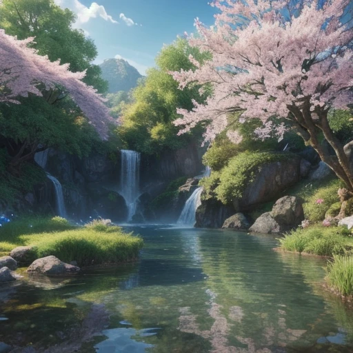 Masterpiece,  best quality , (  Highly Detailed CG Unity 8K Wallpaper) ( best quality ), ( best illustration), (Best Shadow)  bright color,  Jungle, water,  NATURAL BEAUTY , A peaceful oasis , Cherry Tree, Blue Sky Ray Tracing ,  very detailed --v6 