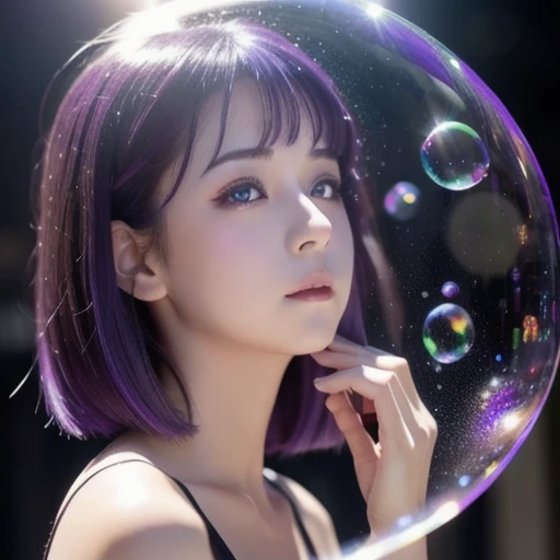 Alone,  1 girl,  purple eyes,  purple hair, bubble,  Look at the Viewer ,  portrait,  half-closed eyes,  short hair,  Closed Her Mouth ,shiny bubbles,bubbles, colour shining in bubble, reflective bubbles,bubbles ,bubbles all around, turning into bubble