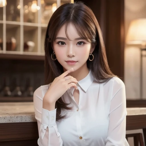 (8k,  best quality , Masterpiece:1,2), ( realistic, photo- realistic:1,37),  top quality, Masterpiece,  S212 Beautiful Women  , I want to drink coffee,  coffee cup ,  Elegant Style .  Indonesian Women's Style,  pretty white skin ,  beautiful eyes,  medium hair, Wearing a watch