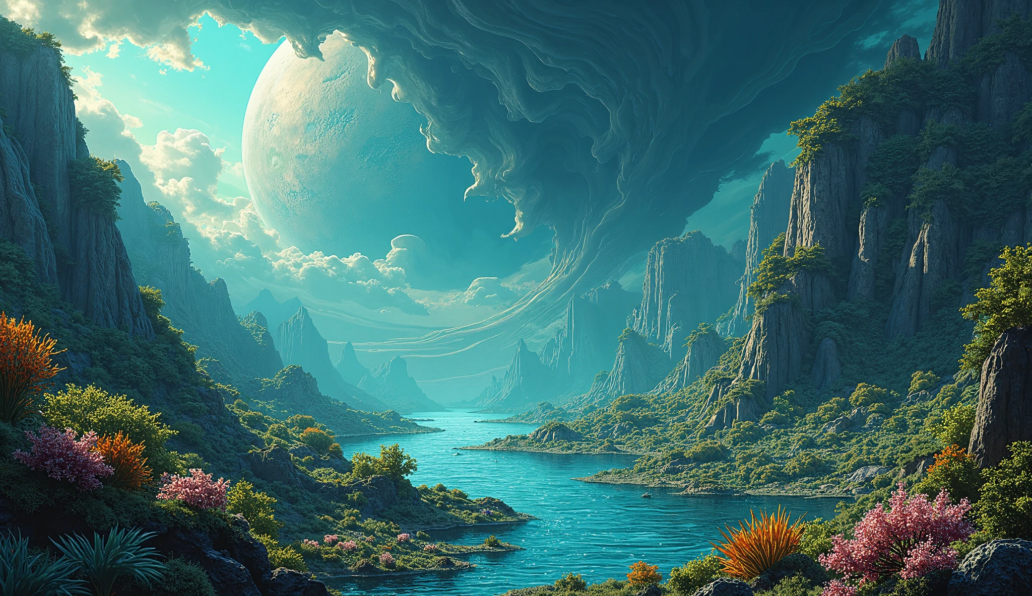 There is a painting of a mountain landscape with a river - SeaArt AI