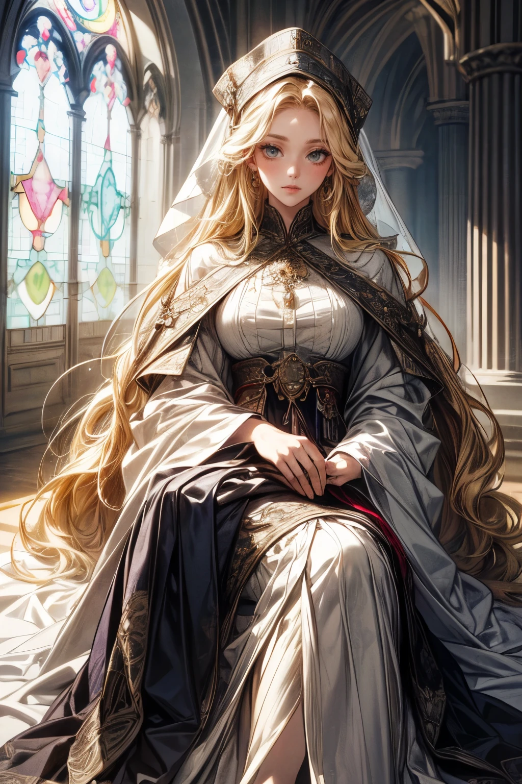 1 Caucasian woman(Very beautiful face,Perfect Face,blonde,Very Long Hair,straight,Very beautiful hair,white flowy robes,sheer Veil, saintess, priestess),background(cathedral,Stained Glass,Light shines from the ceiling),(Best Quality,Highest quality,masterpiece,detail,Super fine),(A full-body photo, laying down,Art Nouveau,Alphonse Mucha)