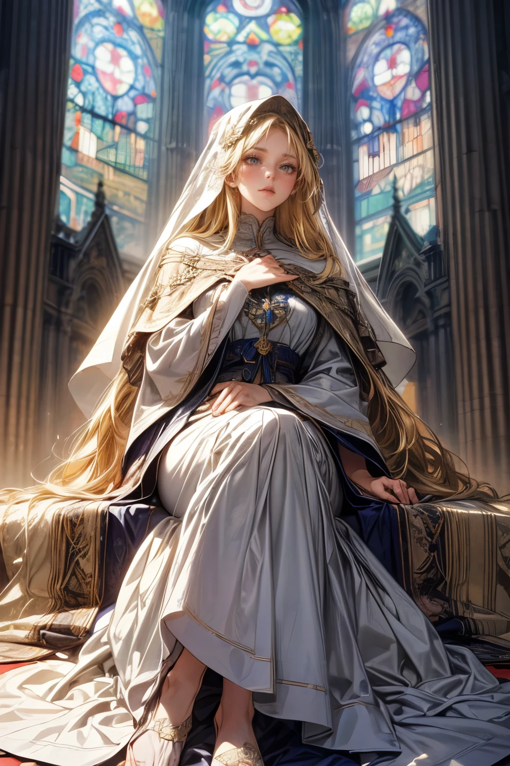 1 Caucasian woman(Very beautiful face,Perfect Face,blonde,Very Long Hair,straight,Very beautiful hair,white flowy robes,sheer Veil, saintess, priestess),background(cathedral,Stained Glass,Light shines from the ceiling),(Best Quality,Highest quality,masterpiece,detail,Super fine),(A full-body photo, laying down,Art Nouveau,Alphonse Mucha)