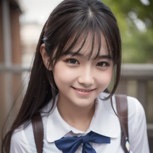 (8k), ( best quality : 1.2), ( realistic), ( Photorealistic: 1.37),  Ultra Fine,  1 girl,  cute, smile,  Closed Her Mouth ,  beautiful detail, Beautiful Nose,  full body,  wet hair, Giant Dalcefo, pork, school uniform,  thighs  