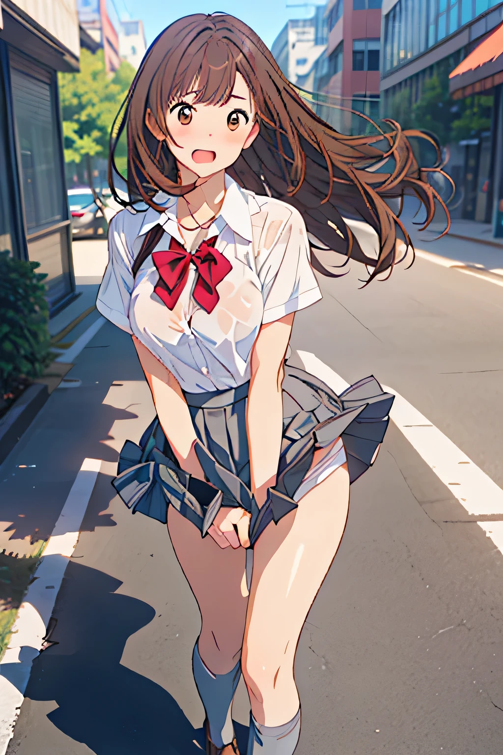 (masterpiece:1.2, highest quality), (Realistic, photoRealistic:1.4), Beautiful illustrations, (Natural Side Lighting, Cinema Lighting), 
View your viewers, Upper Body, 1 girl, Japanese, high school girl, , Perfect Face, Cute and symmetrical face, Shiny skin, Plump Style、((&#39;My skirt is blown up by the wind)))、
(Long Hair, Straight hair, Reddish brown hair), Asymmetrical bangs, Brown eyes, Long Eyelashes, (Large Breasts), nipples under cloth, 
Beautiful Hair, Beautiful Face, Beautiful fine details, Beautiful clavicle, Beautiful body, Beautiful breasts, Beautiful thighs, Beautiful feet, Beautiful fingers, 
((Detailed clothing texture、White collared shirt, Grey box pleated mini skirt、White socks、White panties、Brown Loafers), Dark red bow tie), (((Grab the hem of your skirt、Wind lift)))、slouch、soaked clothes, 
(Beautiful views), evening, (street), (Surprised、Open your mouth、Embarrassing),