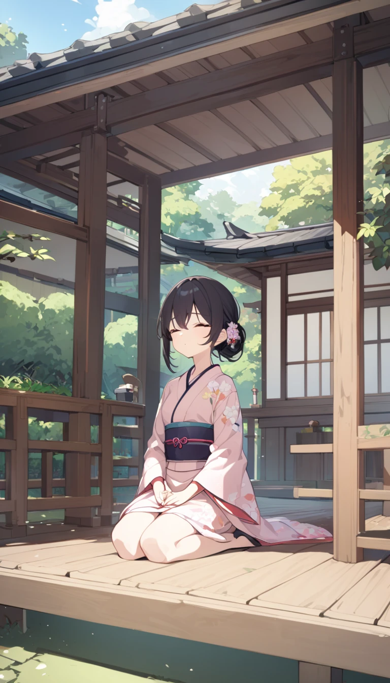 one girl,meditation,Veranda,seiza, Japanese Garden,Kimono,elegant