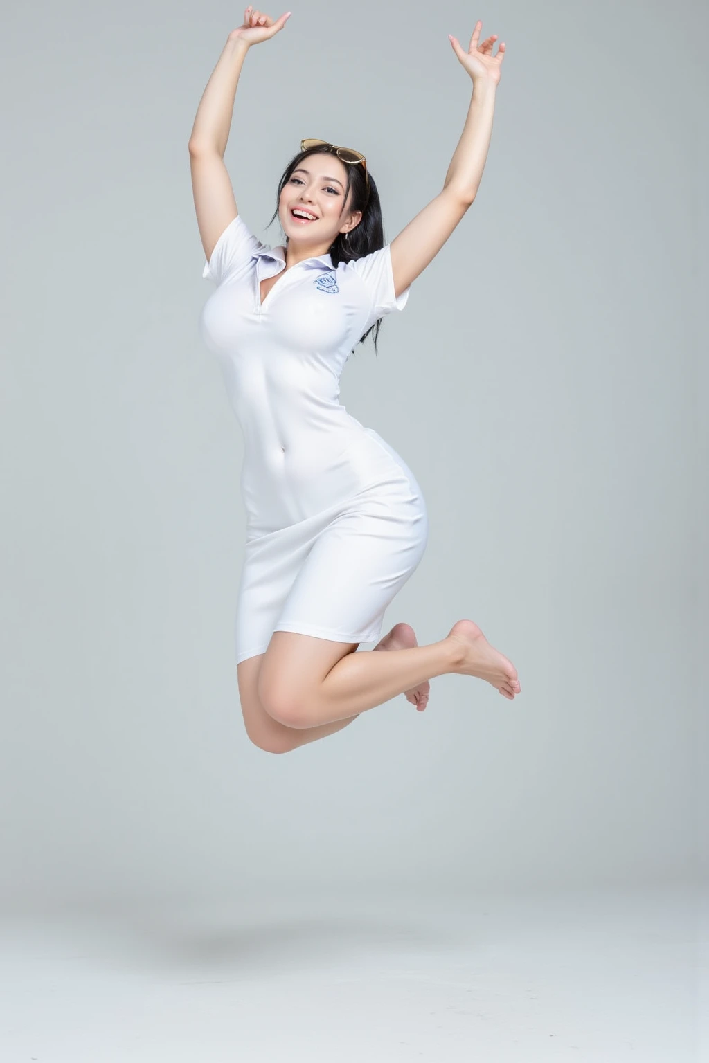 1.	Star Jump (กระโดดดาว)
“A nurse in uniform jumping with arms and legs spread wide into a star shape, head slightly tilted back, and a big smile. Capture mid-air for dynamic energy.”
	2.	One-leg kick
“A nurse in uniform jumping with one leg kicking backward and the other bent slightly forward, hands raised high as if reaching for the sky, with a cheerful laugh.”
	3.	Hands stretched forward
“A nurse in uniform jumping slightly forward, arms stretched straight toward the camera, legs bent behind her, creating a fun and dynamic flying effect.”
	4.	Twist Jump
“A nurse in uniform jumping with a slight twist to her body, one hand pointing upward and the other on her hip, with a playful grin.”